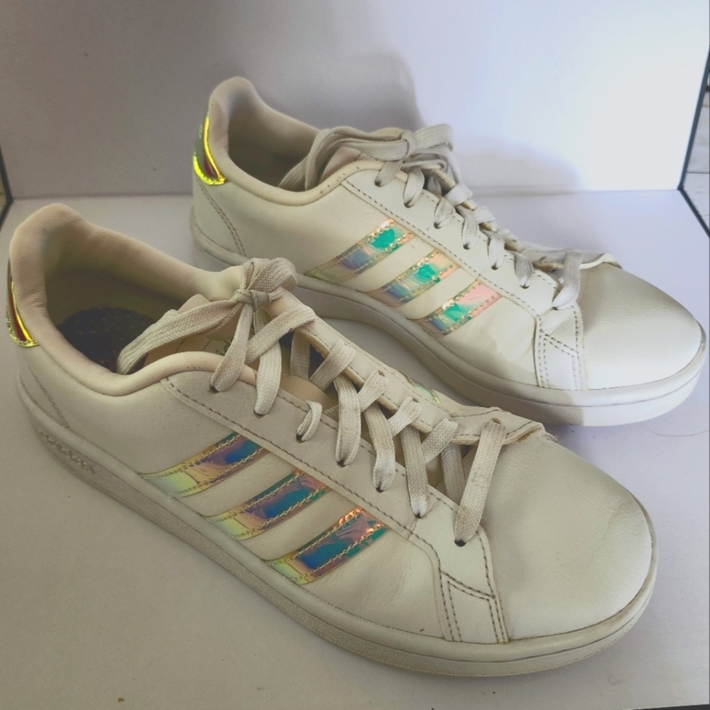 Adidas Size 7 White Leather Sneakers with Iridescent Stripes